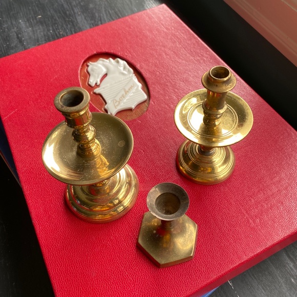 three vintage smaller brass candleholders
